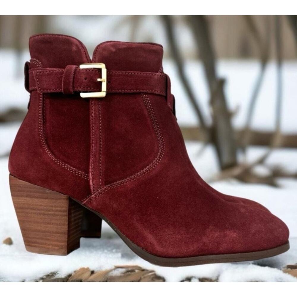 NWT Diba Shoes Bootie Burgundy Suede Brown Buckle Leather Women Sleek Block Heel